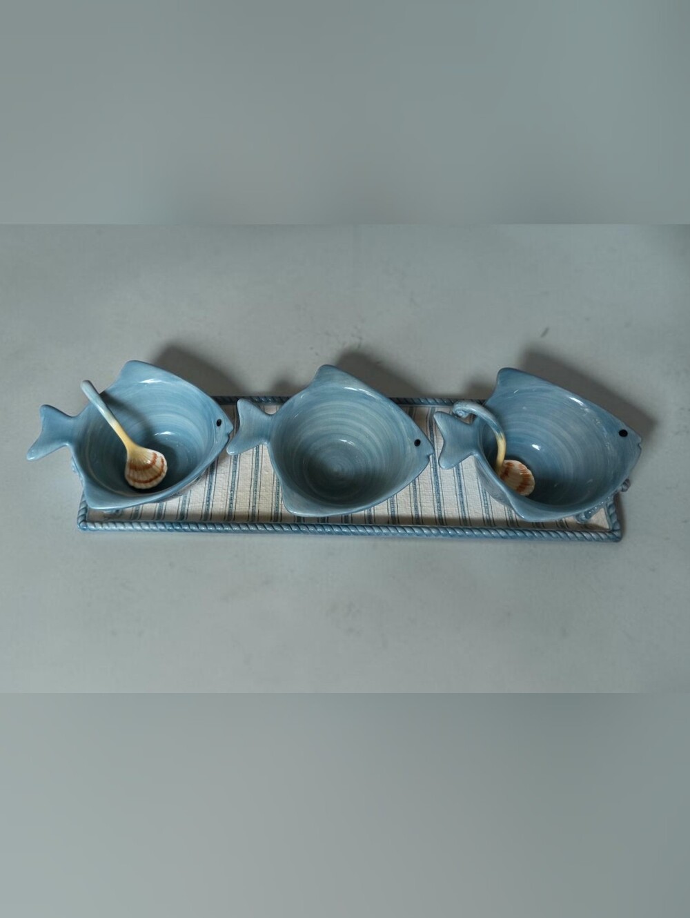 Fitz and Floyd Seaboard Blue Fish Condiment Bowl Set w/ Serving Tray and Spoons